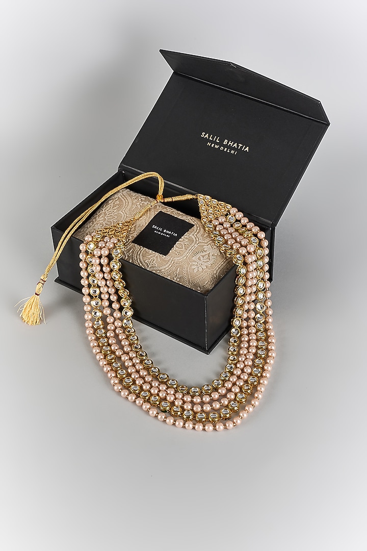 Peach Semi-Precious Pearl Layered Mala by SALIL BHATIA at Pernia's Pop Up Shop