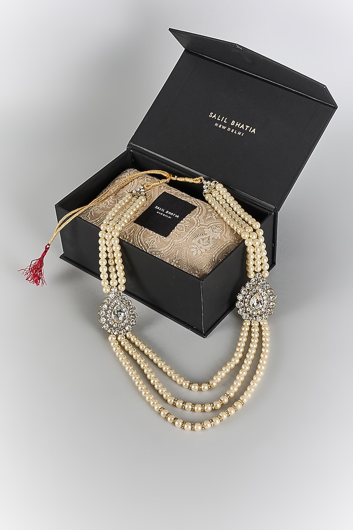 Ivory Semi-Precious Pearl Layered Handmade Mala by SALIL BHATIA at Pernia's Pop Up Shop