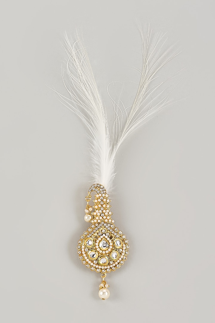 Soft Gold Semi-Precious Kundan & Pearl Feather Kalangi by SALIL BHATIA at Pernia's Pop Up Shop