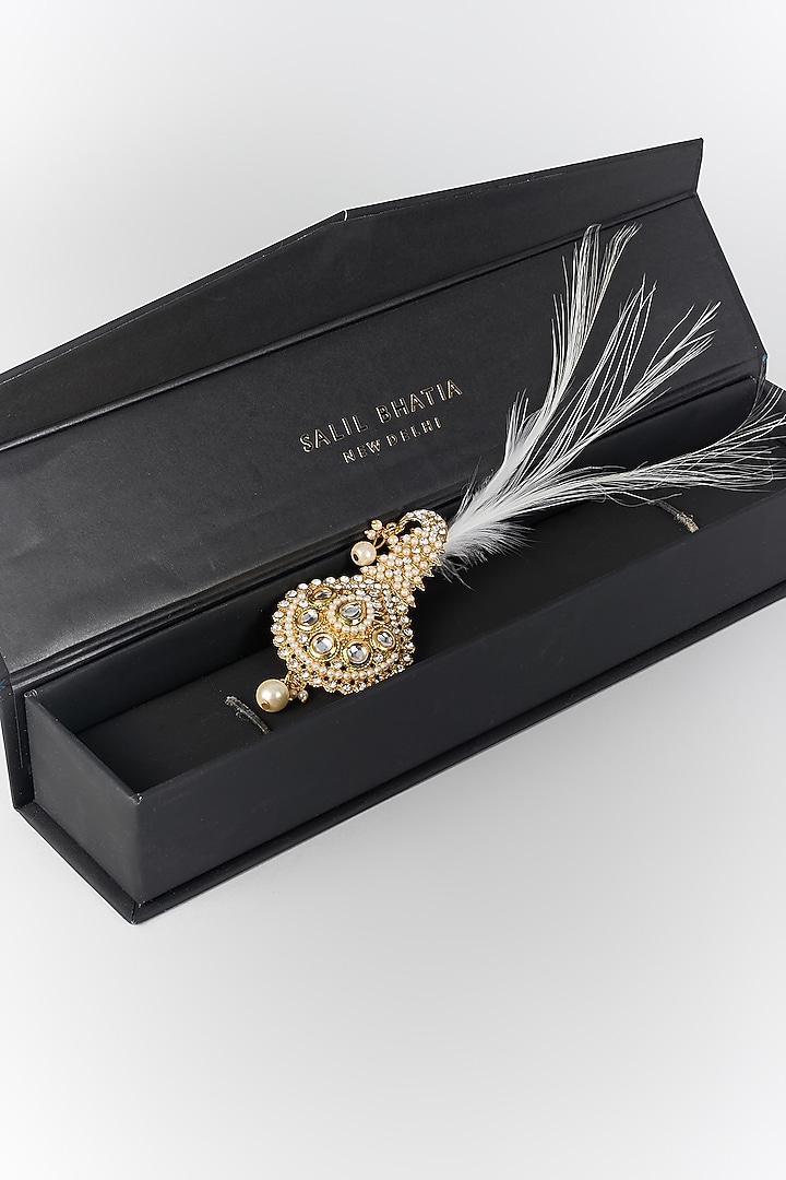 Soft Gold Semi-Precious Kundan & Pearl Feather Kalangi by SALIL BHATIA at Pernia's Pop Up Shop