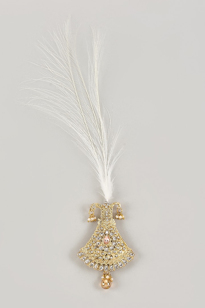 Soft Gold Semi-Precious Kundan & Pearl Feather Kalangi by SALIL BHATIA at Pernia's Pop Up Shop