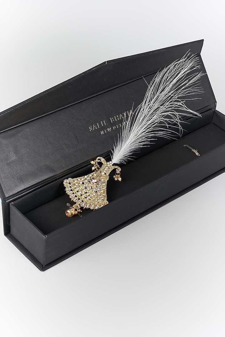 Soft Gold Semi-Precious Kundan & Pearl Feather Kalangi by SALIL BHATIA at Pernia's Pop Up Shop