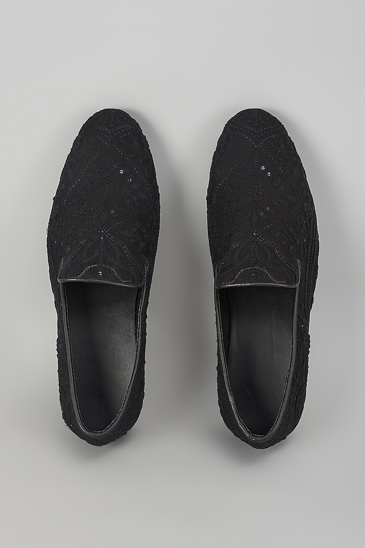 Black Silk Sequin Embellished Loafers by SALIL BHATIA at Pernia's Pop Up Shop