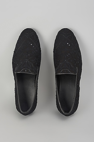 Black Silk Sequin Embellished Loafers by SALIL BHATIA
