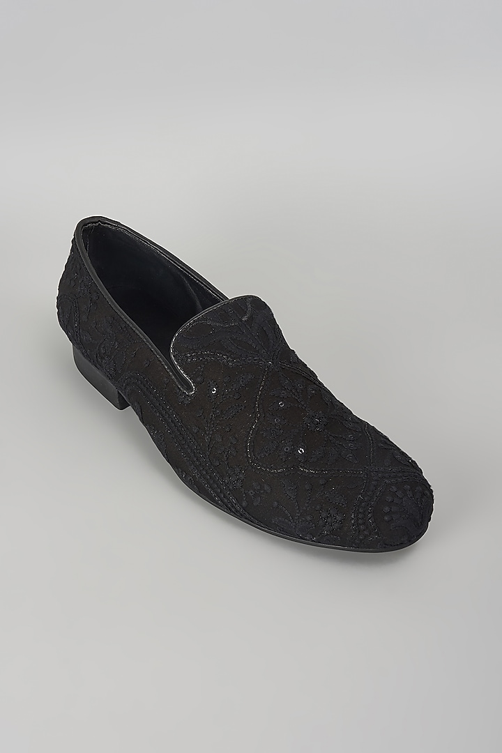 Black Silk Sequin Embellished Loafers by SALIL BHATIA at Pernia's Pop Up Shop