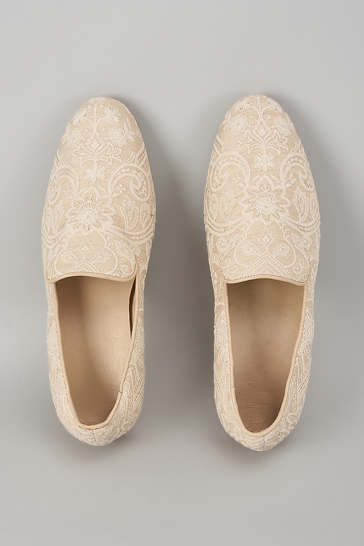 Beige Silk Sequin Embellished Loafers by SALIL BHATIA at Pernia's Pop Up Shop