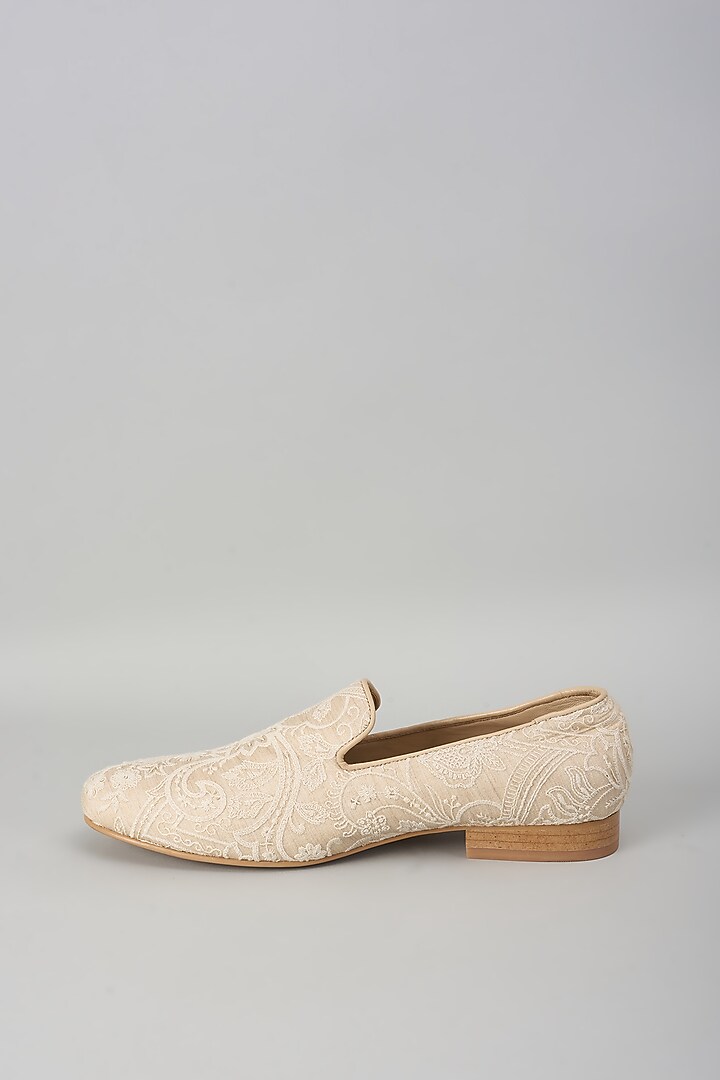 Beige Silk Sequin Embellished Loafers by SALIL BHATIA at Pernia's Pop Up Shop