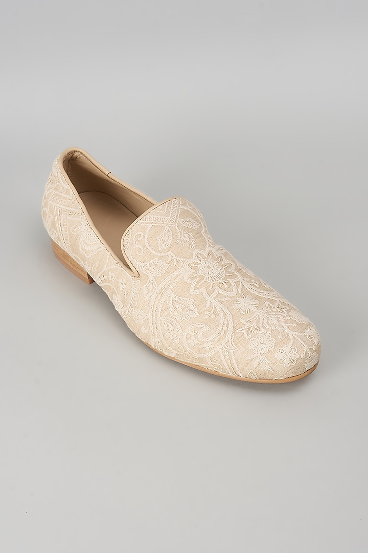 Beige Silk Sequin Embellished Loafers by SALIL BHATIA at Pernia's Pop Up Shop