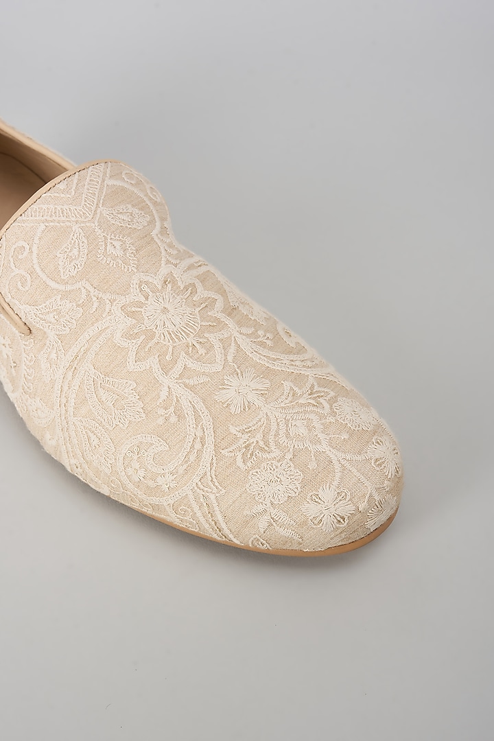 Beige Silk Sequin Embellished Loafers by SALIL BHATIA at Pernia's Pop Up Shop