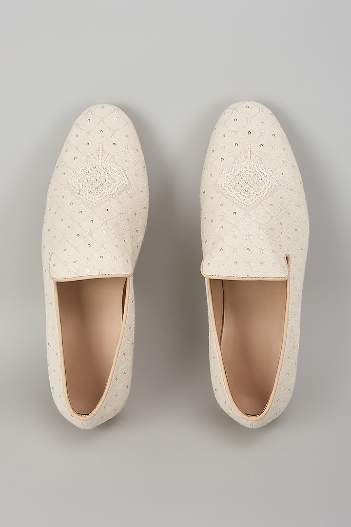 Ivory Georgette Thread Embellished Loafers by SALIL BHATIA at Pernia's Pop Up Shop