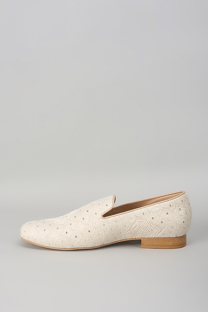 Ivory Georgette Thread Embellished Loafers by SALIL BHATIA at Pernia's Pop Up Shop