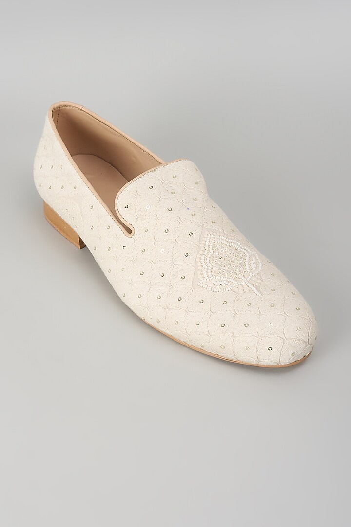 Ivory Georgette Thread Embellished Loafers by SALIL BHATIA at Pernia's Pop Up Shop