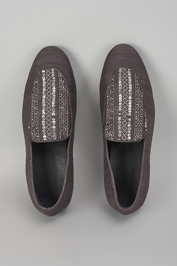 Charcoal Black Silk Cutdana Embellished Loafers by SALIL BHATIA at Pernia's Pop Up Shop