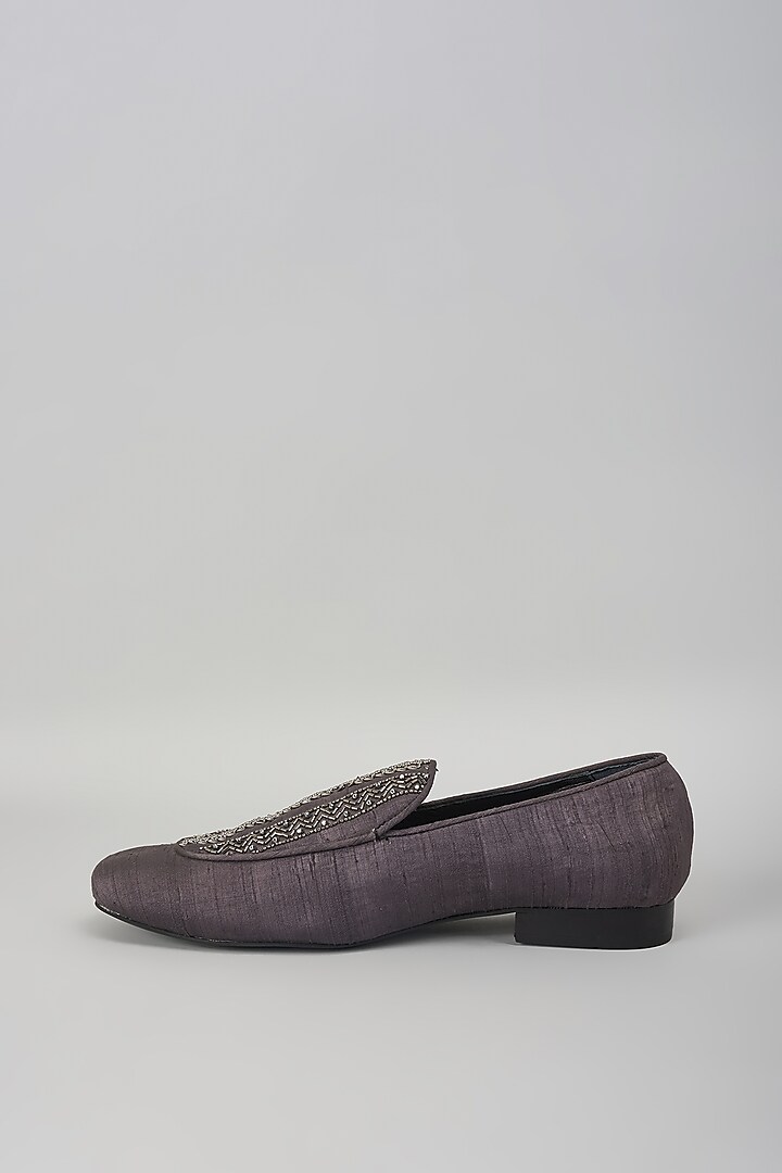 Charcoal Black Silk Cutdana Embellished Loafers by SALIL BHATIA at Pernia's Pop Up Shop