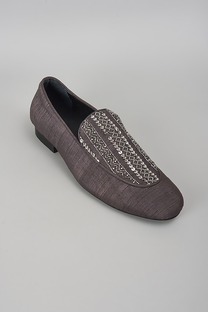 Charcoal Black Silk Cutdana Embellished Loafers by SALIL BHATIA at Pernia's Pop Up Shop
