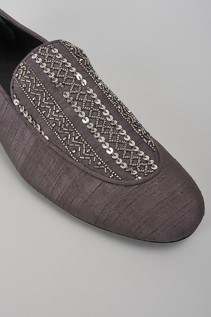 Charcoal Black Silk Cutdana Embellished Loafers by SALIL BHATIA at Pernia's Pop Up Shop