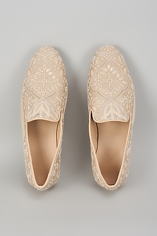 Beige Silk Sequin Embellished Loafers by SALIL BHATIA