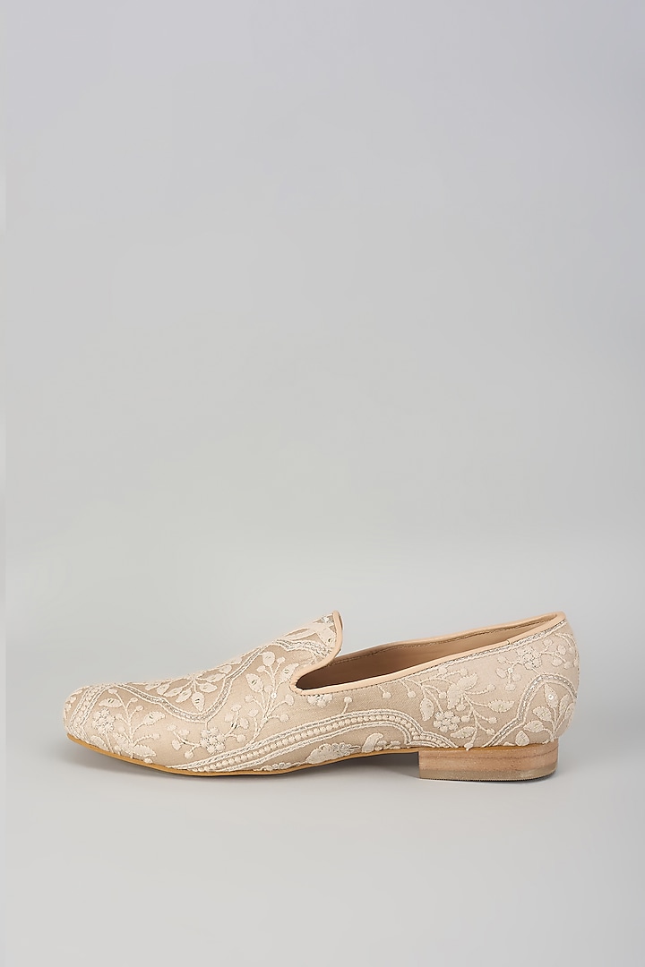 Beige Silk Sequin Embellished Loafers by SALIL BHATIA at Pernia's Pop Up Shop