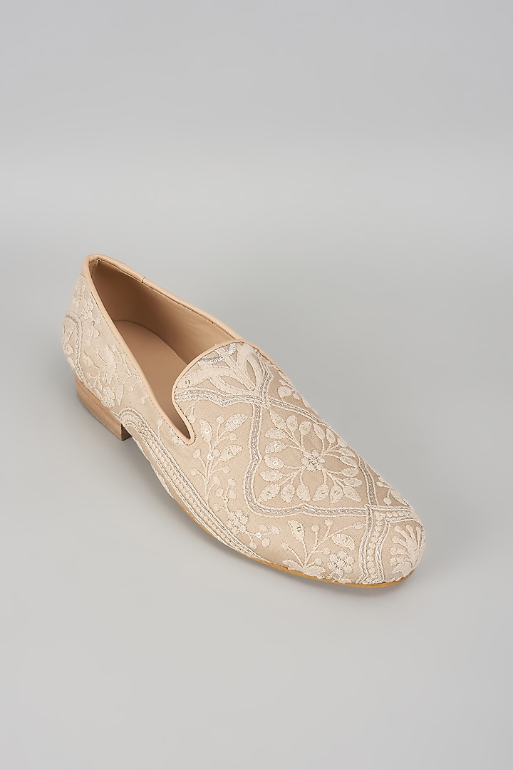 Beige Silk Sequin Embellished Loafers by SALIL BHATIA at Pernia's Pop Up Shop