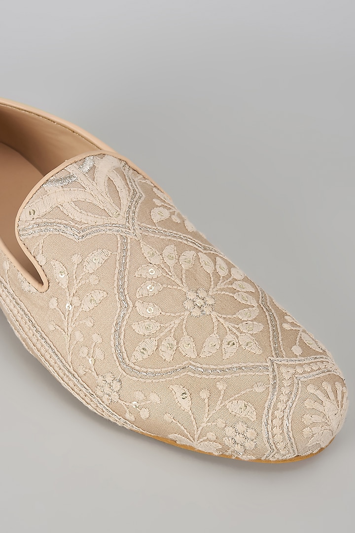 Beige Silk Sequin Embellished Loafers by SALIL BHATIA at Pernia's Pop Up Shop