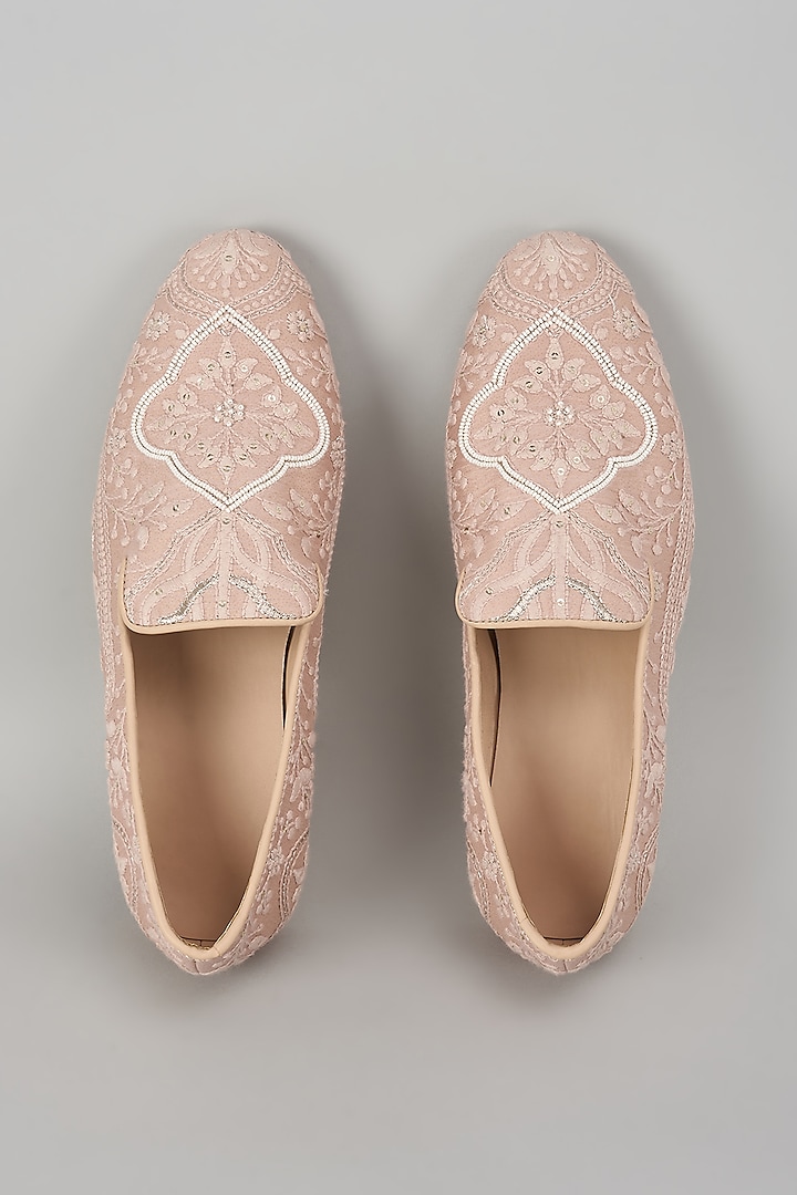 Beige Silk Sequin Embellished Loafers by SALIL BHATIA at Pernia's Pop Up Shop