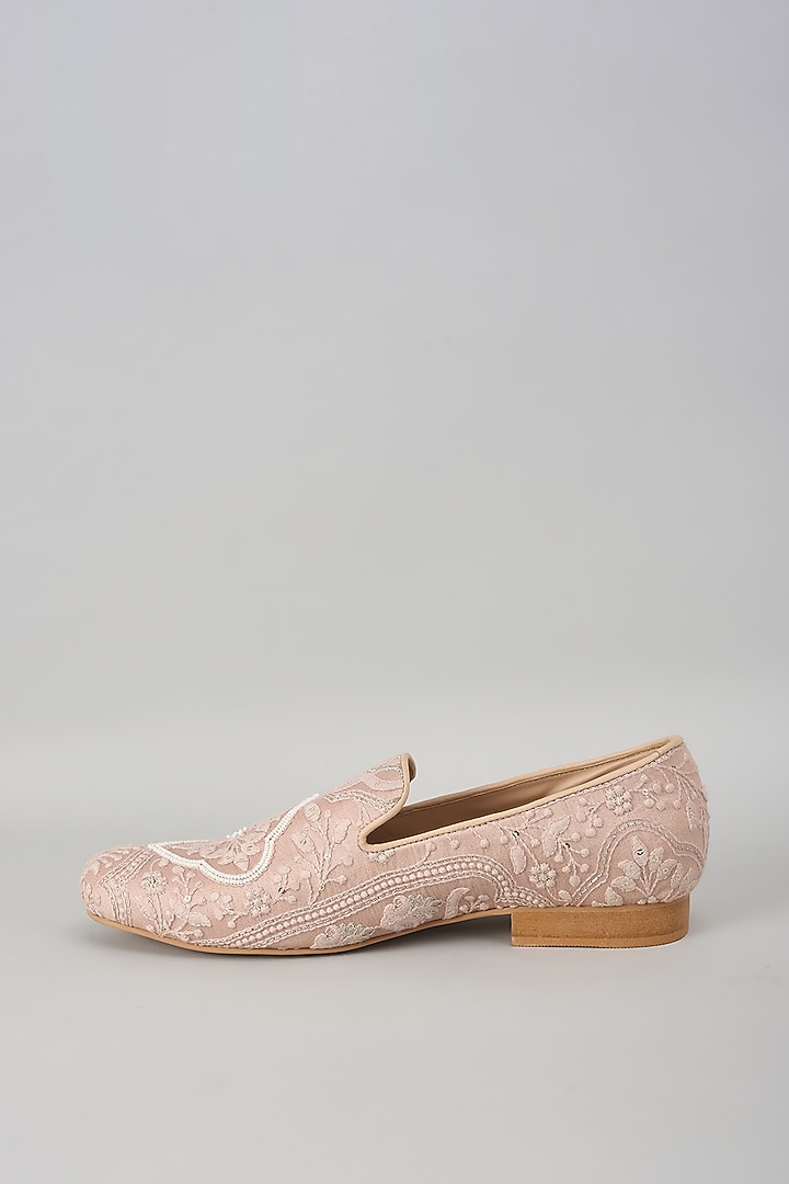 Beige Silk Sequin Embellished Loafers by SALIL BHATIA at Pernia's Pop Up Shop
