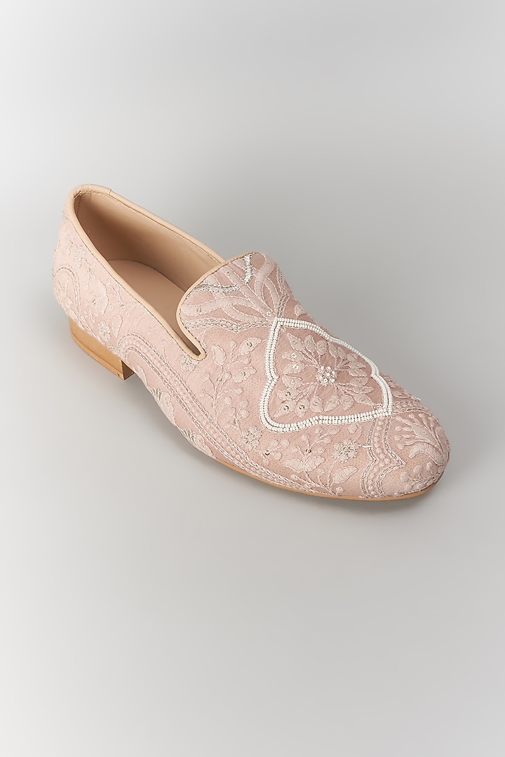 Beige Silk Sequin Embellished Loafers by SALIL BHATIA at Pernia's Pop Up Shop