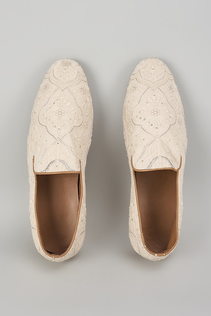 Ivory Silk Sequin Embellished Loafers by SALIL BHATIA at Pernia's Pop Up Shop