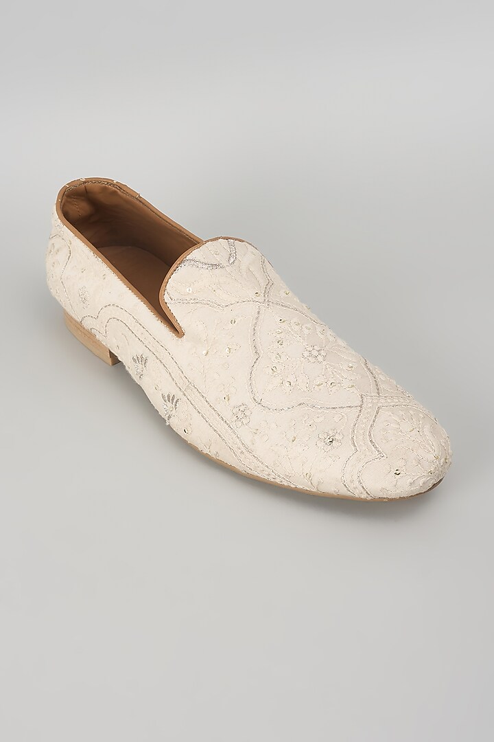 Ivory Silk Sequin Embellished Loafers by SALIL BHATIA at Pernia's Pop Up Shop