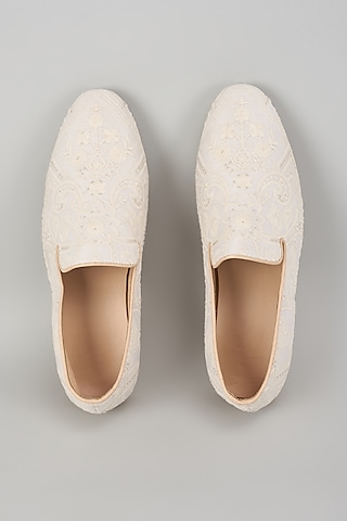 Ivory Silk Thread Embellished Loafers by SALIL BHATIA