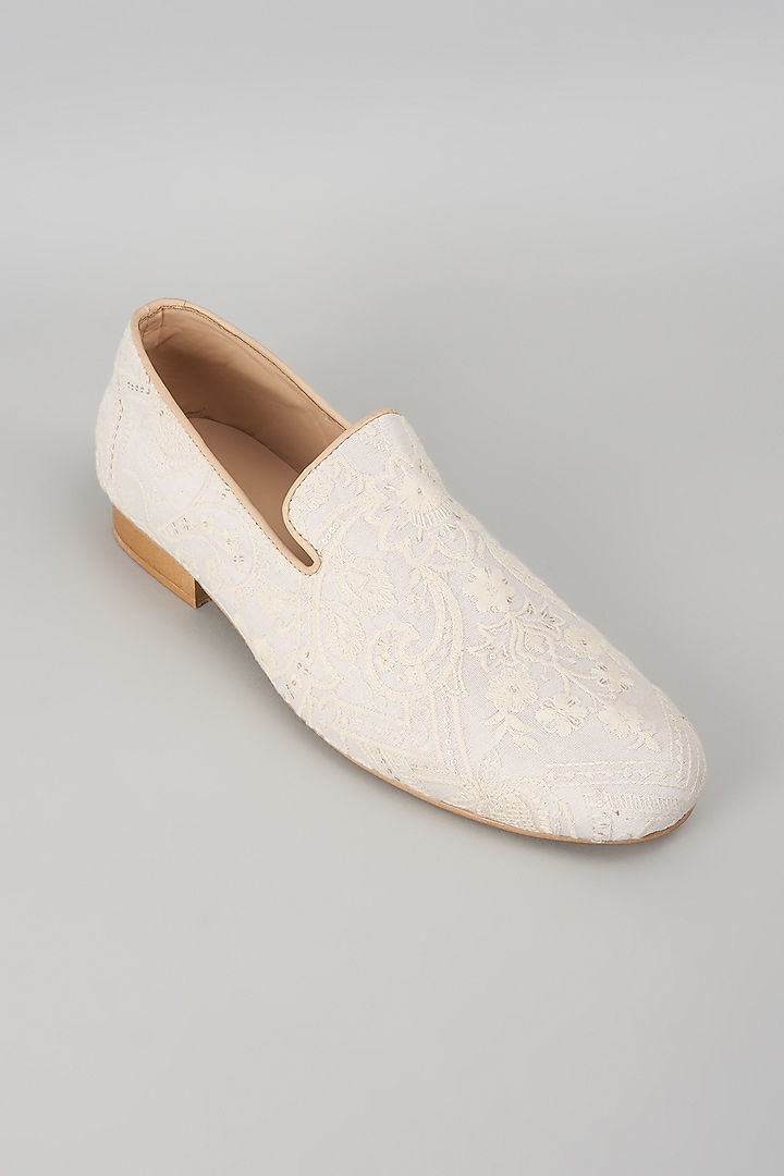 Ivory Silk Thread Embellished Loafers by SALIL BHATIA at Pernia's Pop Up Shop
