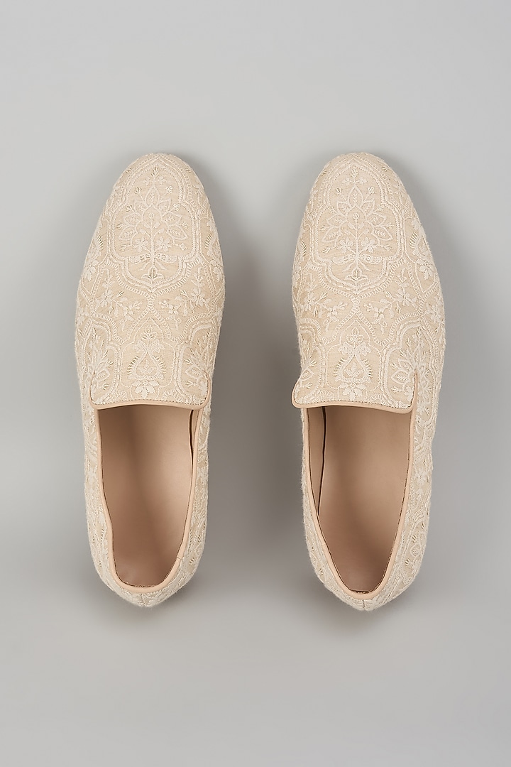 Beige Silk Thread Embellished Loafers by SALIL BHATIA at Pernia's Pop Up Shop