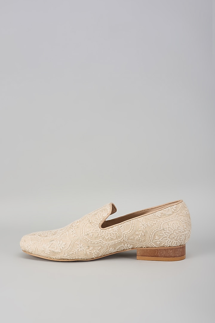Beige Silk Thread Embellished Loafers by SALIL BHATIA at Pernia's Pop Up Shop