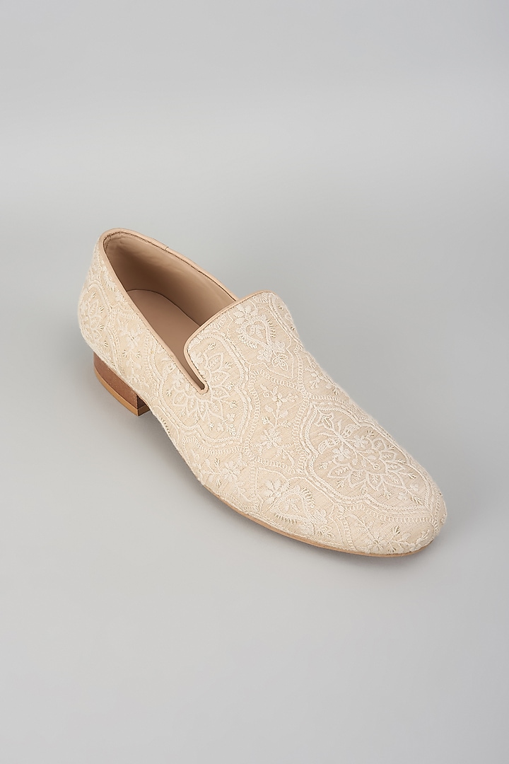 Beige Silk Thread Embellished Loafers by SALIL BHATIA at Pernia's Pop Up Shop