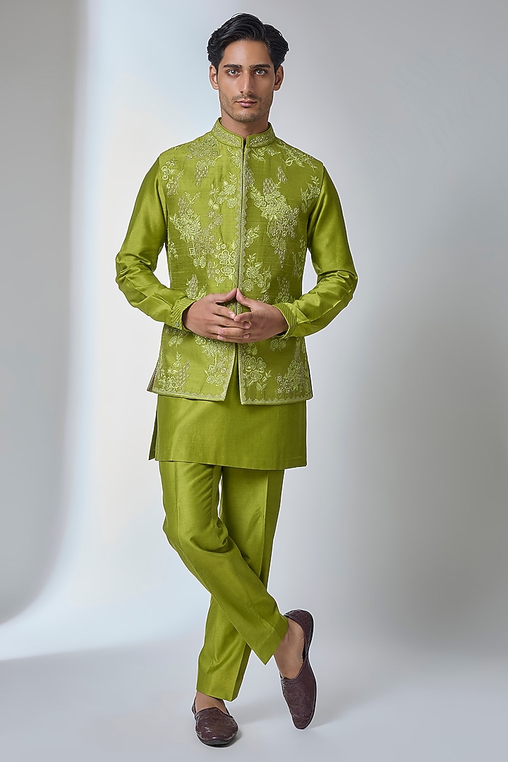 Pastel Green Raw Silk Hand Embroidered Nehru Jacket Set by SALIL BHATIA at Pernia's Pop Up Shop
