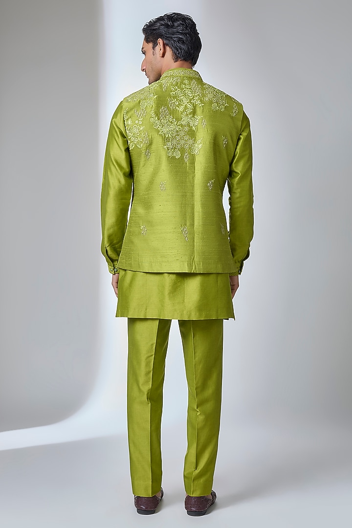 Pastel Green Raw Silk Hand Embroidered Nehru Jacket Set by SALIL BHATIA at Pernia's Pop Up Shop
