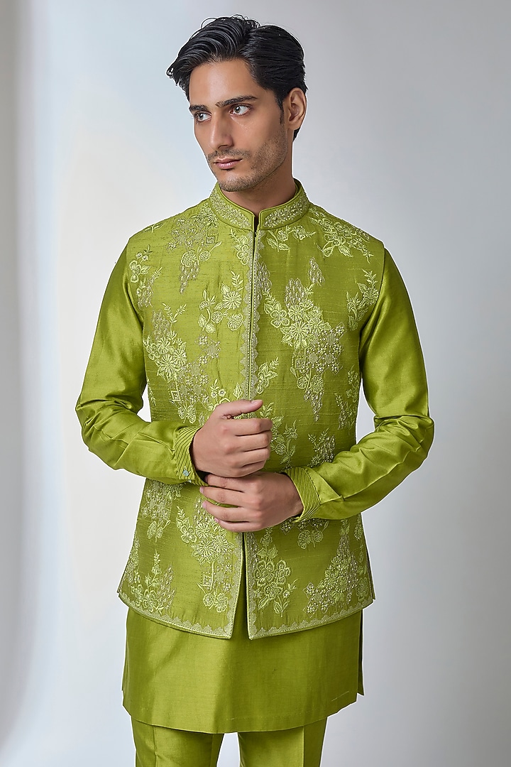 Pastel Green Raw Silk Hand Embroidered Nehru Jacket Set by SALIL BHATIA at Pernia's Pop Up Shop