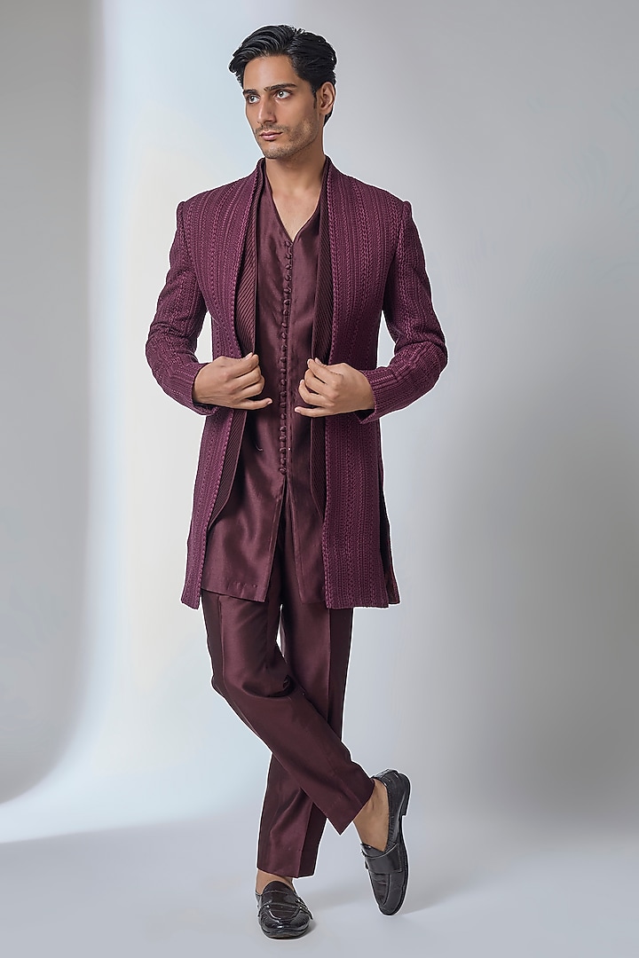 Wine Georgette Thread Work Indo Western Jacket Set by SALIL BHATIA at Pernia's Pop Up Shop