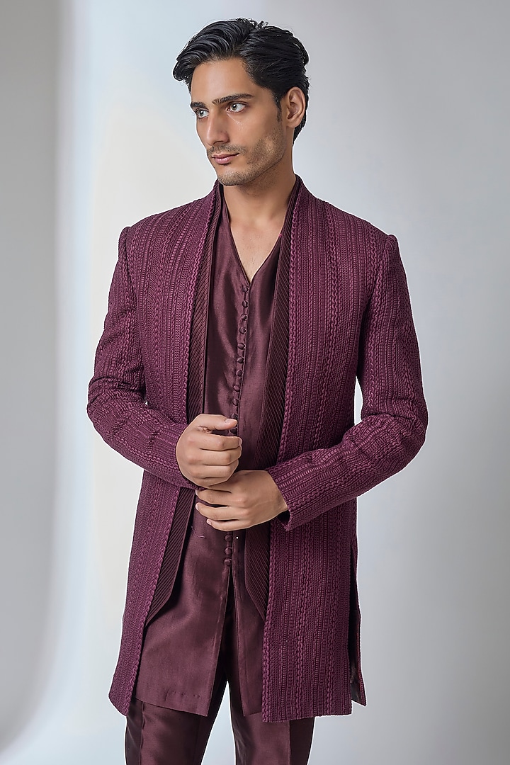 Wine Georgette Thread Work Indo Western Jacket Set by SALIL BHATIA at Pernia's Pop Up Shop