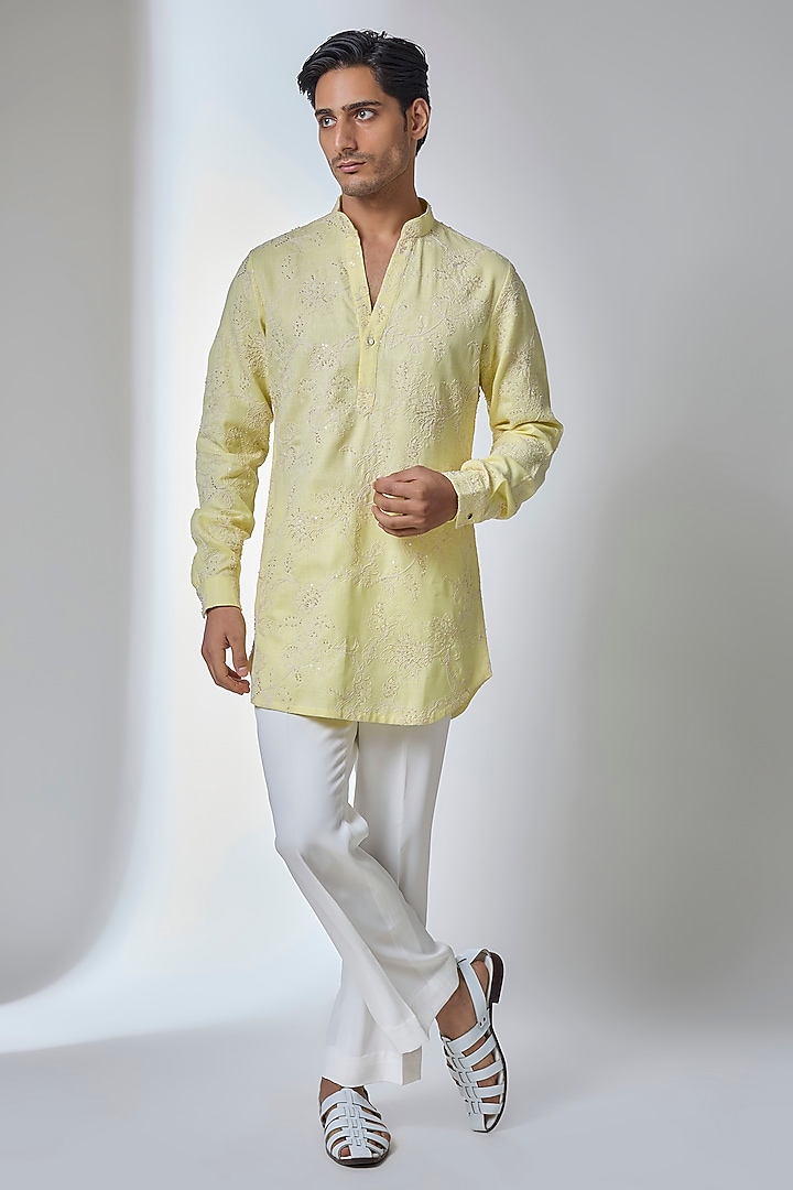 Yellow Cotton Linen Embellished Kurta Set by SALIL BHATIA at Pernia's Pop Up Shop