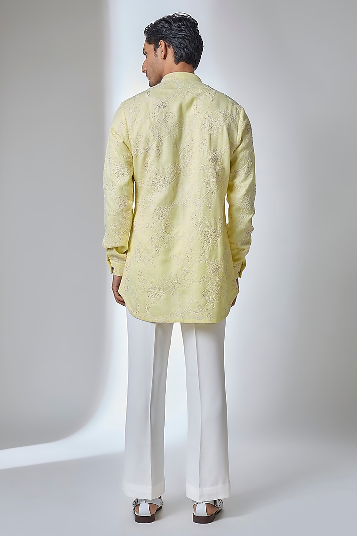 Yellow Cotton Linen Embellished Kurta Set by SALIL BHATIA at Pernia's Pop Up Shop