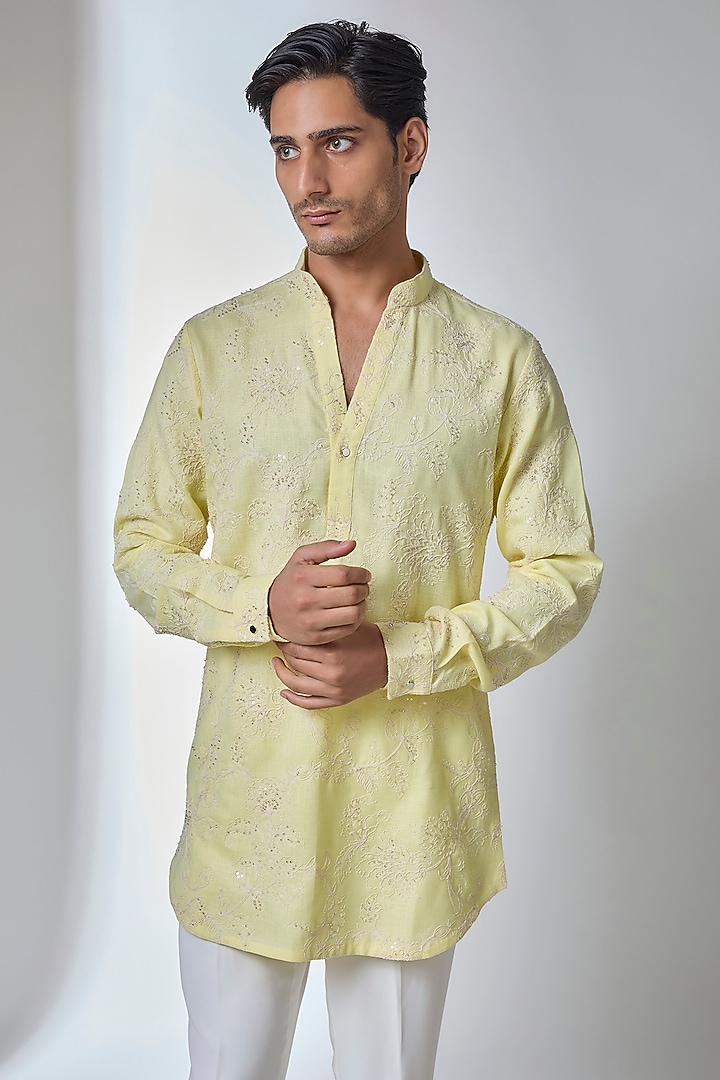 Yellow Cotton Linen Embellished Kurta Set by SALIL BHATIA at Pernia's Pop Up Shop