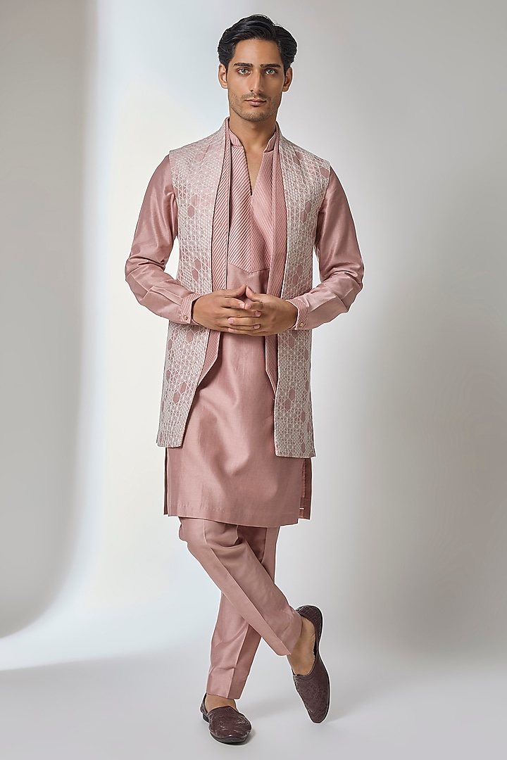 Dusty Pink Dola Silk Thread Work Long Jacket Set by SALIL BHATIA at Pernia's Pop Up Shop