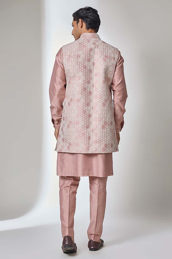 Dusty Pink Dola Silk Thread Work Long Jacket Set by SALIL BHATIA at Pernia's Pop Up Shop