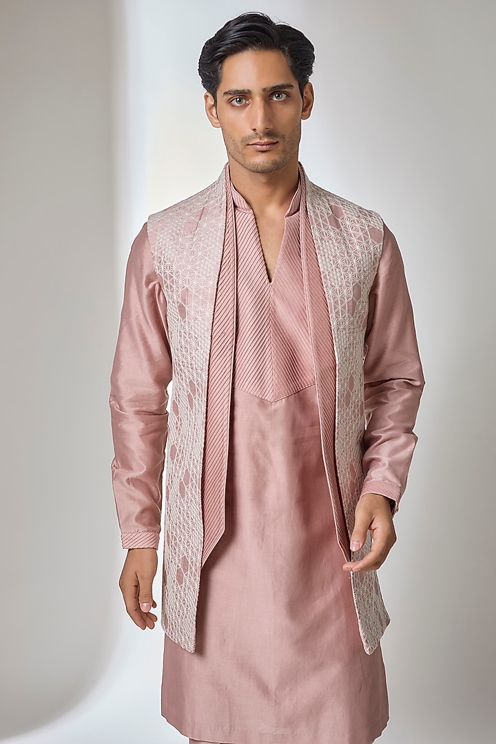 Dusty Pink Dola Silk Thread Work Long Jacket Set by SALIL BHATIA at Pernia's Pop Up Shop