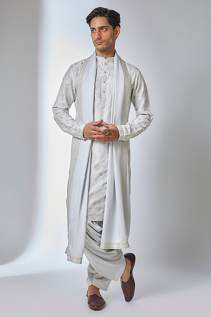 Ice Blue Dola Silk Sequin Work Kurta Set by SALIL BHATIA at Pernia's Pop Up Shop