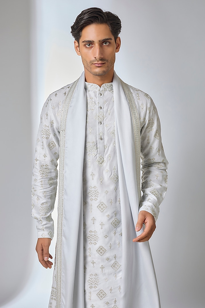Ice Blue Dola Silk Sequin Work Kurta Set by SALIL BHATIA at Pernia's Pop Up Shop