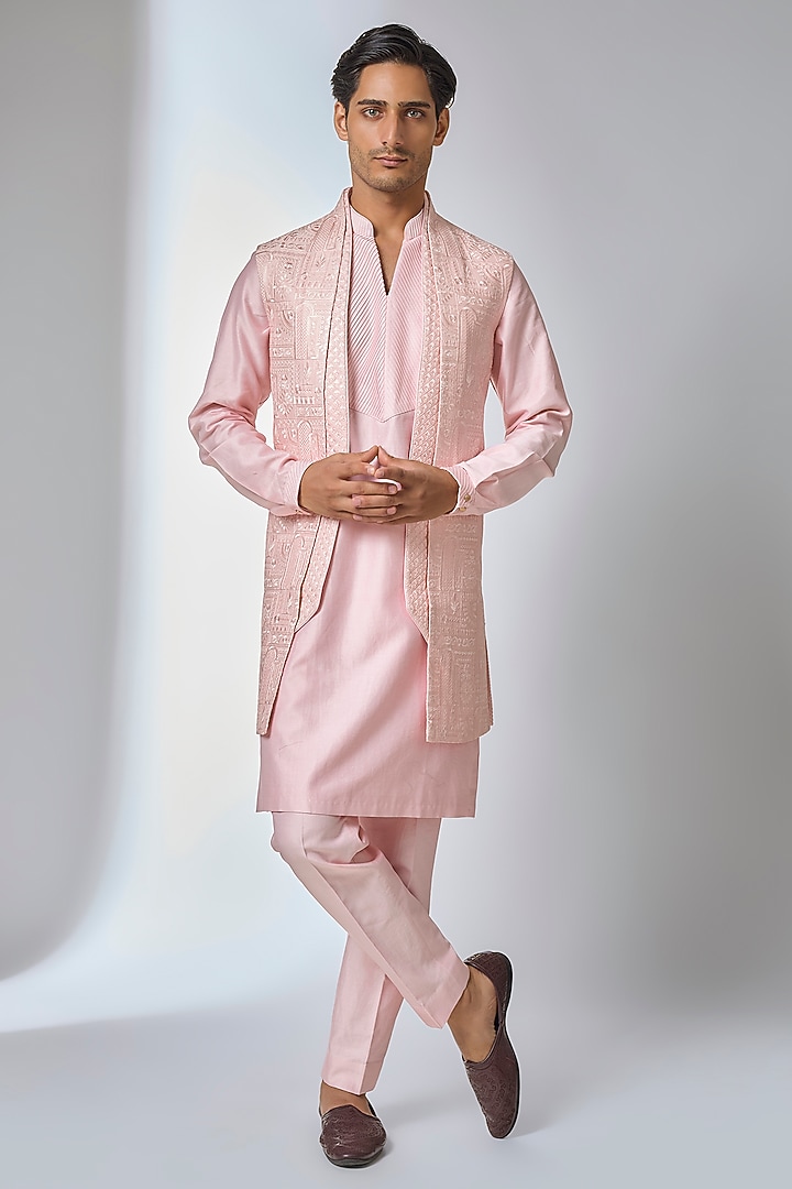 Bubblegum Pink Dola Silk Sequin Work Kurta Set by SALIL BHATIA at Pernia's Pop Up Shop