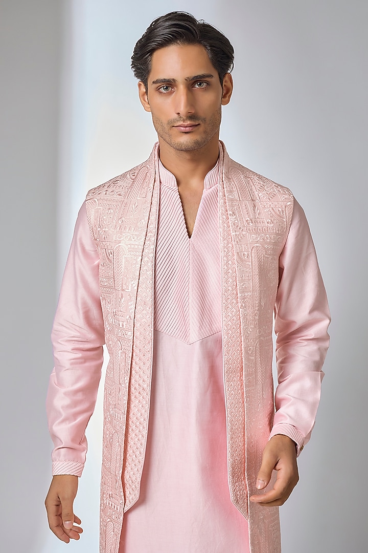 Bubblegum Pink Dola Silk Sequin Work Kurta Set by SALIL BHATIA at Pernia's Pop Up Shop