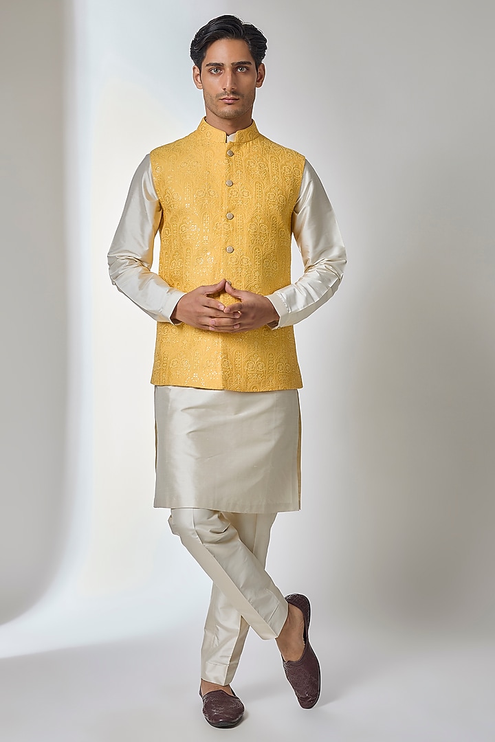 Yellow Silk Chanderi Thread Embellished Nehru Jacket Set by SALIL BHATIA at Pernia's Pop Up Shop